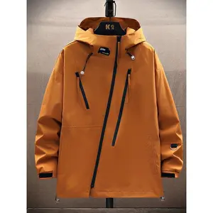 2026 Orange Hooded Windbreaker Jacket with Asymmetrical Zipper, Polyester Lining, Casual Sporty Design for Fall & Winter, Functional Pockets, Athletic Wear Long Sleeve Menswear Coats Tops collar button-up