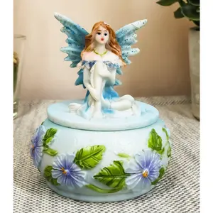 Ebros Blue Lily Flora Fairy Garden Fae Small Round Trinket Jewelry Box Figurine 3.25"H