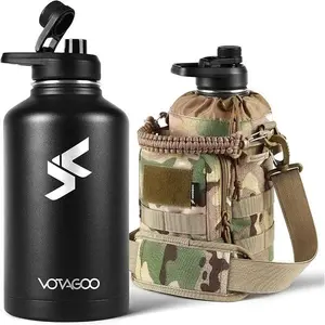 64Oz Tactical Water Bottle - Half Gallon Stainless Steel Insulated Water Bottle, Metal Military Bottle with Rugged, Removable Sleeve Tactical Carrier Bag for Hiking Camping Hunting (CP)