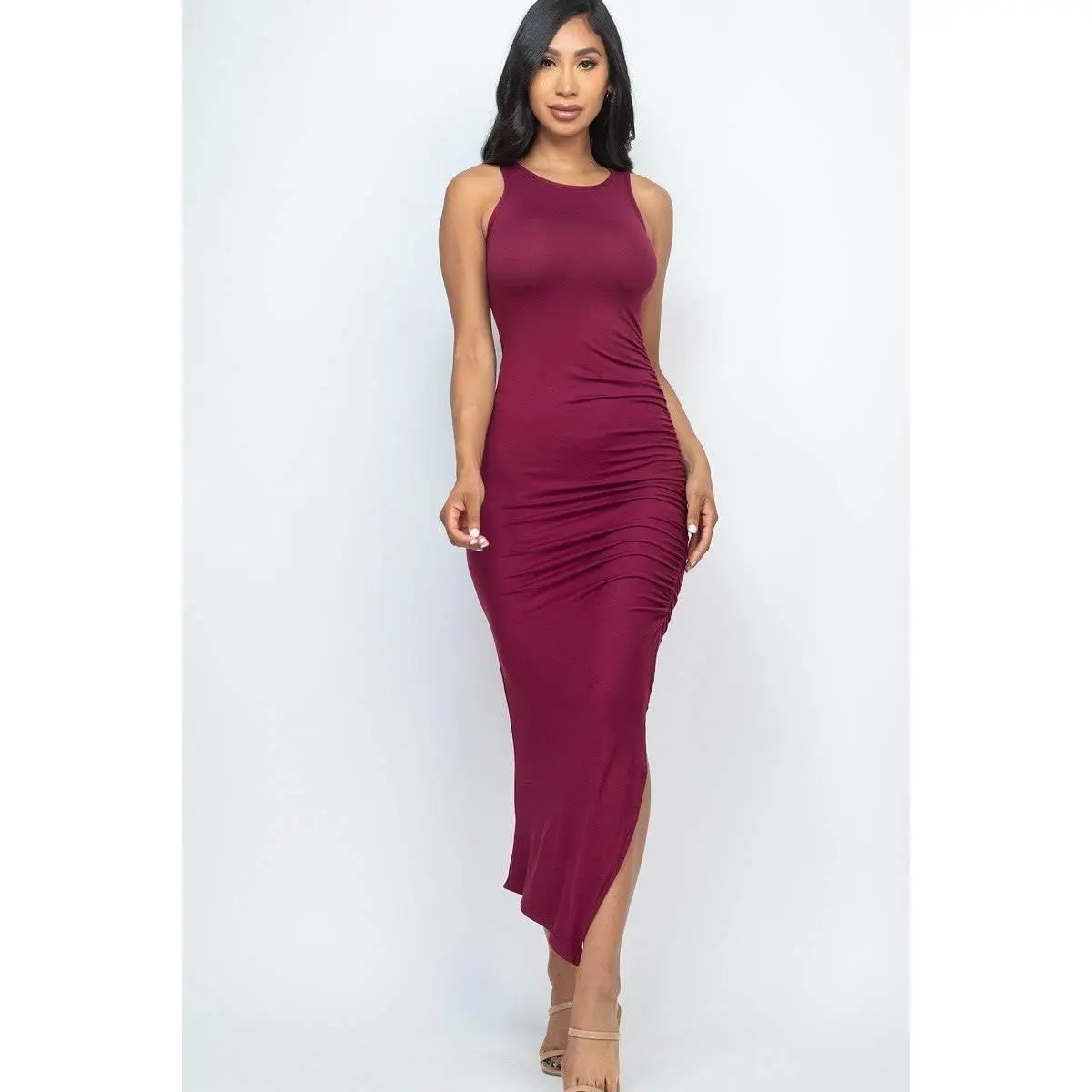 Sleeveless Ruched Side Split Maxi Dress