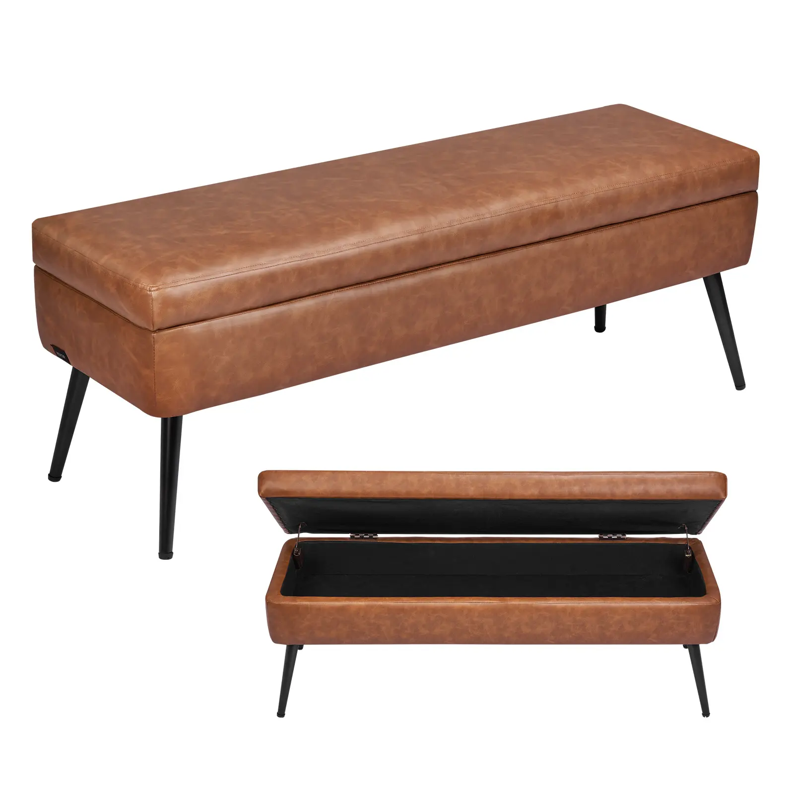 【SummerFinds】VEVOR Leather Storage Ottoman Bench, PU Leather Bench with Storage and Metal Legs, Modern Shoe Benches Seat for Entryway, Upholstered End of Bed Benches for Living Room, Dining Room, Hallway, Brown