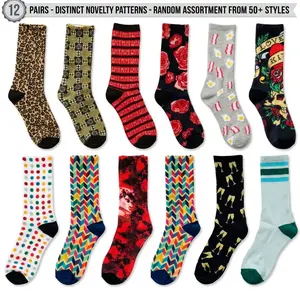 Men's Novelty Crew Socks 12-Pack | Mixed Graphic Designs & Fun Patterns Classic Menswear Breathable