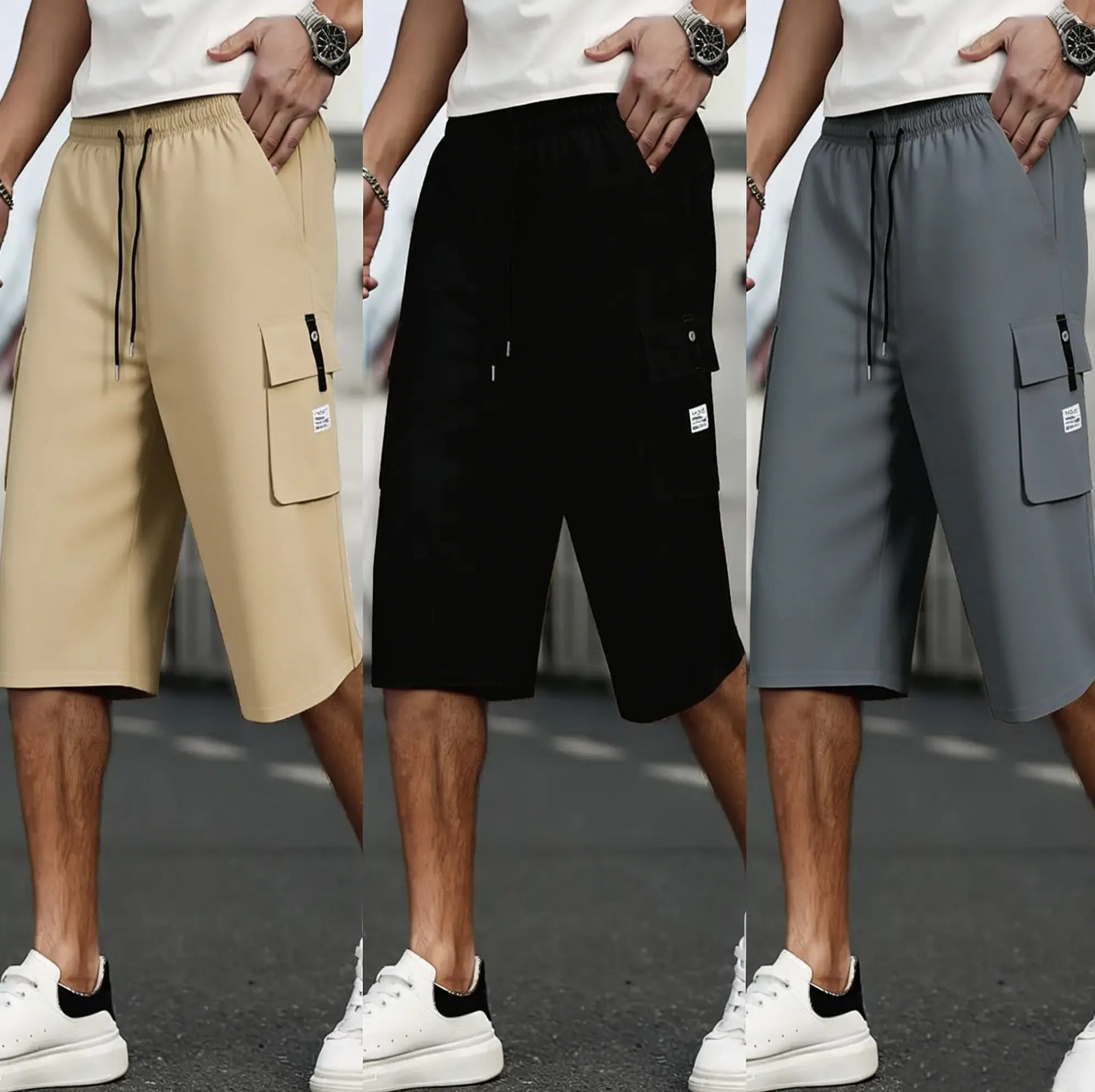 Men’s three-piece cargo shorts set — multi-pocket design, loose fit, non-stretch fabric, solid-color work shorts — casual, relaxed style suitable for pairing with summer outfits, Menswear, Plain tiktokshopspringglowup