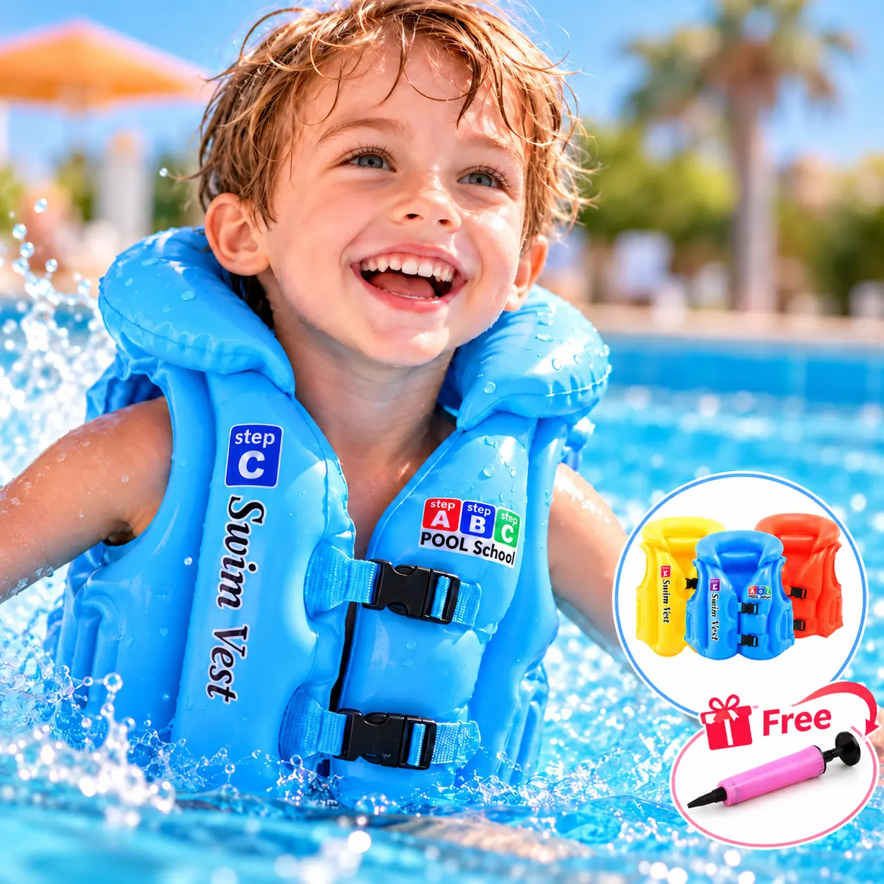 Children Inflatable Swimming Vest For Kids Baby Learning To Swim Buoyancy Life Jacket With Three Air Chambers Dual Adjustment Buckles Thickened Safety Support Water Training Float Vest With Air Pump Included Free Air Pump Lightweight Comfortable Fit Pool,