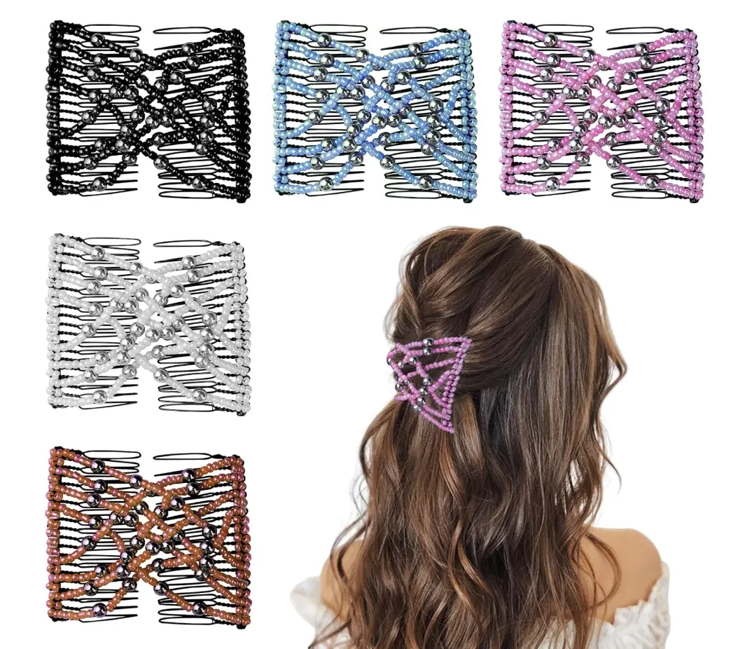 Women's 5-Pack Stretchy Double Comb, Adjustable Elastic Clip Hair Styling Tools for Easy Styling