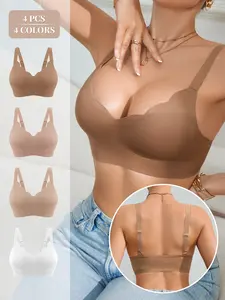 4PCS Women's Sexy Deep V Soft Bralette Bra Set, No Steel Cup Design, Medium Support, Plain Pattern, Adjustable Straps, Fitted Daily Wear Bras