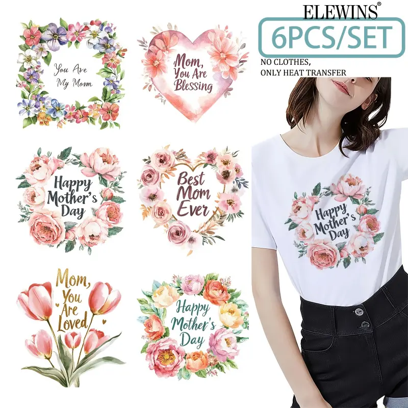 Mother's Day exclusive iron-on sticker 6-pack, ready-to-use DTF heat transfer sticker, Greeting, DIY Craft Flower Decor. Perfect for T-shirts, hoodies, jeans, backpacks, and pillows.
