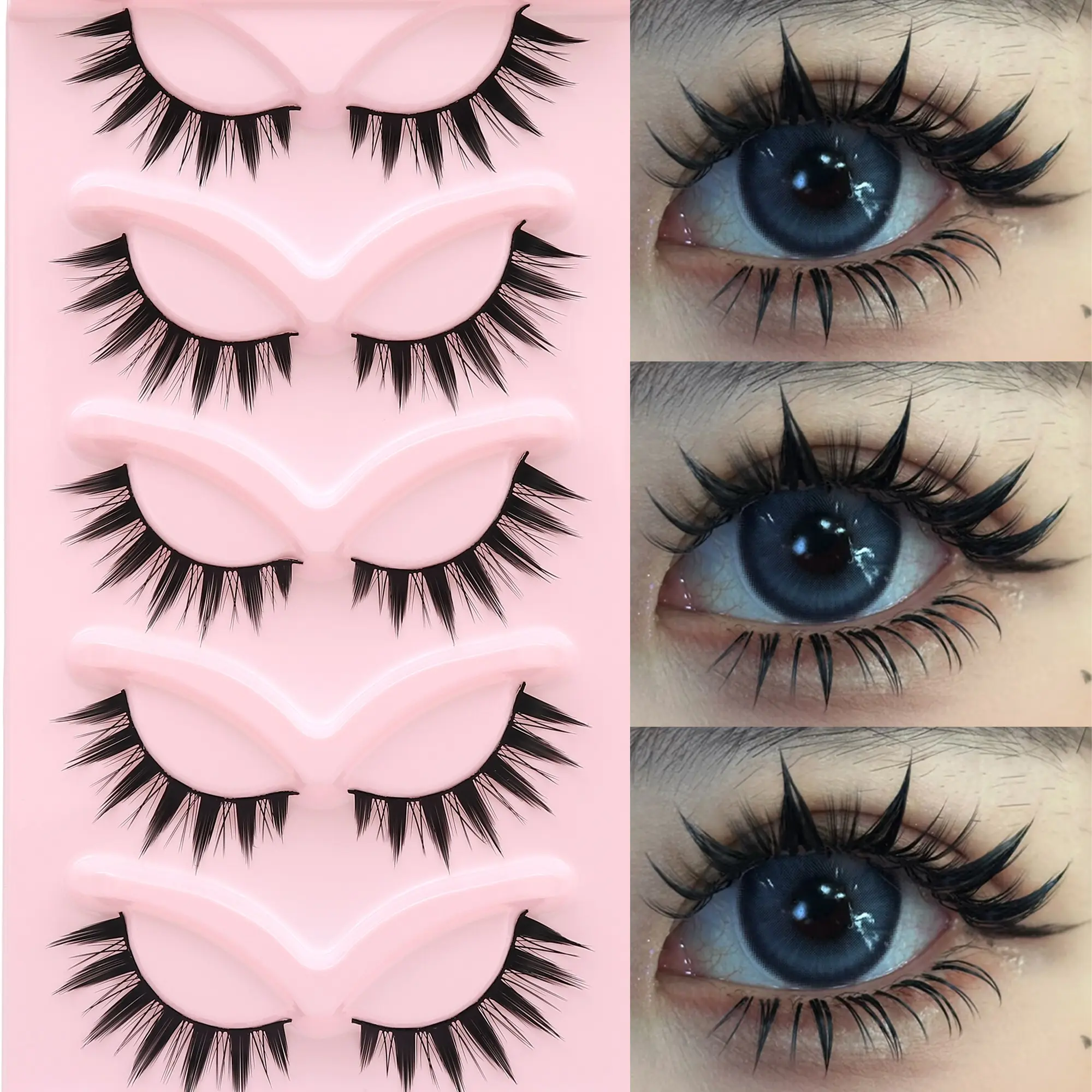 5 Pairs Natural Anime Style False Eyelashes, Root, Durable, Voluminous, Thickened Lash, Bright Eye Makeup Effect, Integrated False Lashes, Volume Focused Lashes