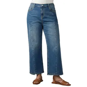 Eytino Plus Size Wide Leg Jeans for Women Trendy High Waist Front Seam Casual Stretchy Ankle Denim Pants with Pockets(1X-5X)