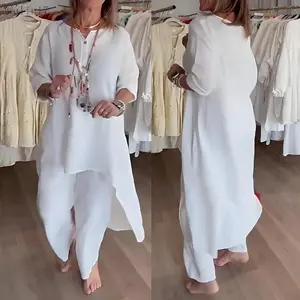 2026Women's Fashion Cotton Linen  Casual Plus Size Long Top Wide Leg Pants Two-Piece   Womenswear 2 piece  women Summer set Clothes Suits
