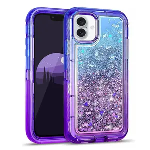 For Apple iPhone 16 Bling Liquid Glitter Clear Hybrid Shockproof TPU Military Grade Protective Heavy Duty Cell Cover