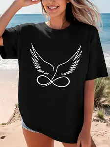 Women's Crew Neck Short Sleeve Tee Wings Infinity Symbol Print Multiple Colors Available Oversized Flattering Fit Soft Breathable Cotton Blend Washable No Shrink No Fade All-Season Versatile Base Tee for Commute Date Daily Casual