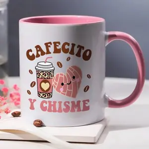 Cafecito Y Chisme: Coffee Mug with Pink Handle and Heart Design for Coffee Lovers - Washable Ceramic Cup