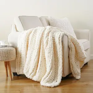 Knit Throw Blanket for Couch, Super Soft Chenille Throw Blanket Cozy Warm Thick Ivory White Cable Knitted Blanket for Sofa, Bed, Living Room, 50"x60"