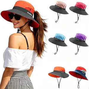 Women Wide Brim Ponytail Sun Hat, Foldable Breathable Quick Dry UPF50+ UV Protection Outdoor Boonie Bucket Cap with Adjustable Chin Strap for Beach Fishing Travel Hiking