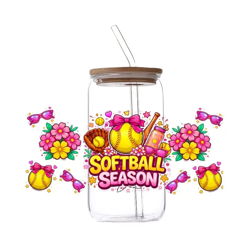 Sports UV DTF Cup Wraps Decals - Softball Baseball Coquette Meme, Sport Mama Bow Floral DTF Film Transfers - Waterproof Cold-Apply Stickers for 16oz Libbey Glass Tumblers, Decal