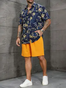 Men's Plus Size Hawaiian Tropical Vacation Set, Loose Floral Button Shirt & Shorts, High-Height Beach Combination, Summer Holiday