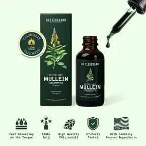 Betterbrand Mullein Leaf & Chlorophyll Drops, Clinically Studied Natural Liquid Herbal Healthcare Supplement for Lung Detox & Mucus Cleanse (30 Servings)