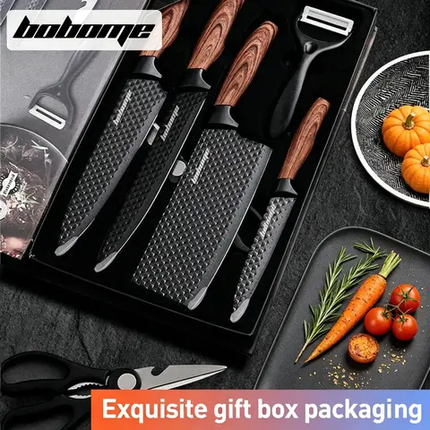 BOBOME 6-Knife Task Set, Forged Stainless Steel Block with 8 In Ultra Sharp Chef Knife, 7" Cleaver, Diamond Non-Stick Anti-Rust Coating, Thick Ergonomic Wood Grain Handle, Dishwasher Safe Kitchenware, Gift Box for Christmas