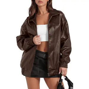 Leather Jacket Women Faux Oversized Motorcycle Bomber Coats Fall Fashion Outfits Winter Clothes Outerwear Womenswear