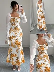 New Women's Square Neck Bow Chiffon Bubble Sleeve Floral Dress, Elegant Slimming Waist, Perfect for Dates, Parties, Daily Wear, Spring Summer Fall