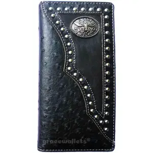 Longhorn Men Wallet Western Bifold Check Book Style Ostrich Black Exquisite Cardholder