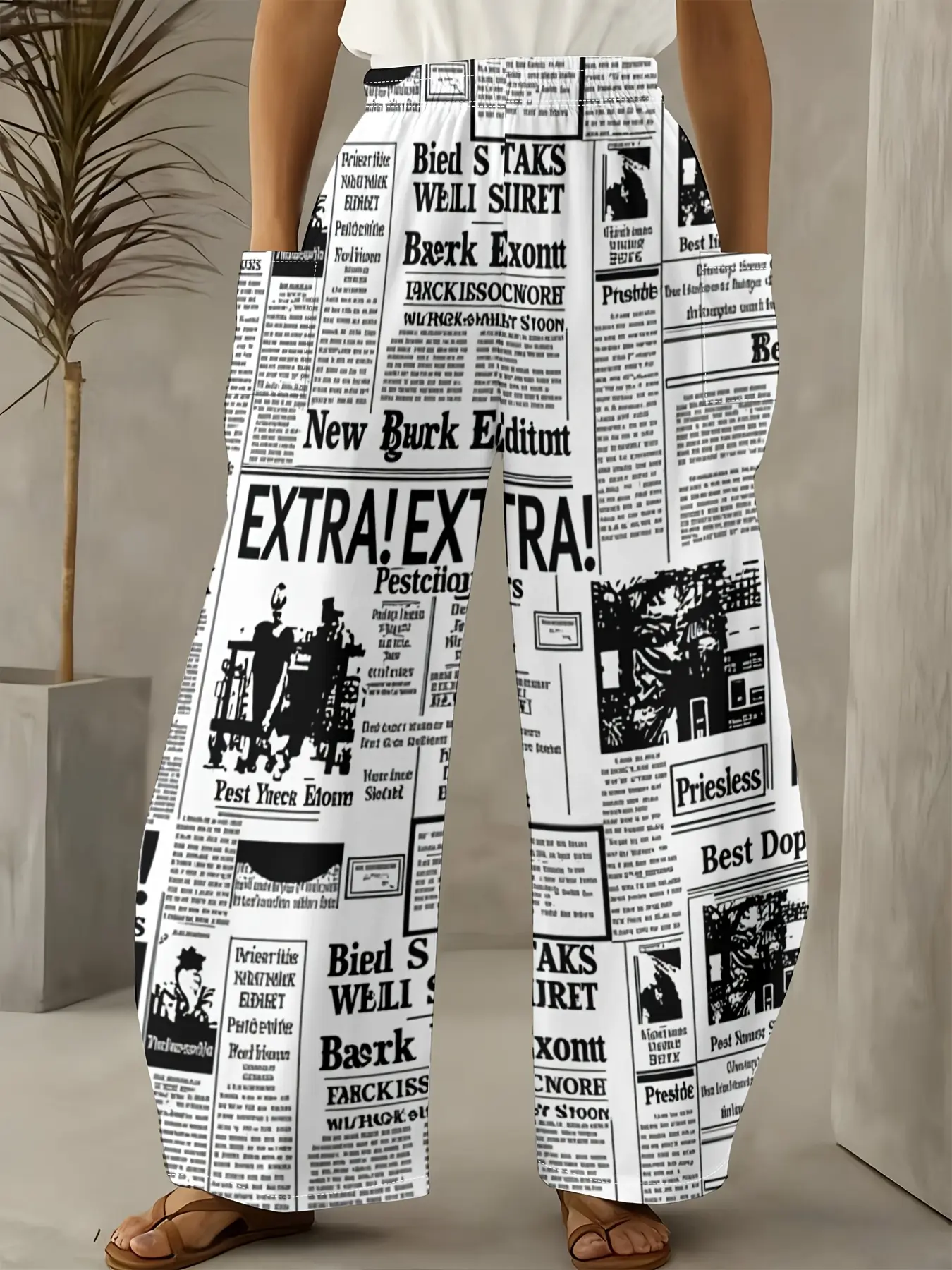 Women's Plus Size Basics Newspaper Print Wide-Leg Pants - Elastane Slight Stretch Fabric, Casual Comfy Extra-Wide Trousers, Machine Washable, Available in 5xl-6xl