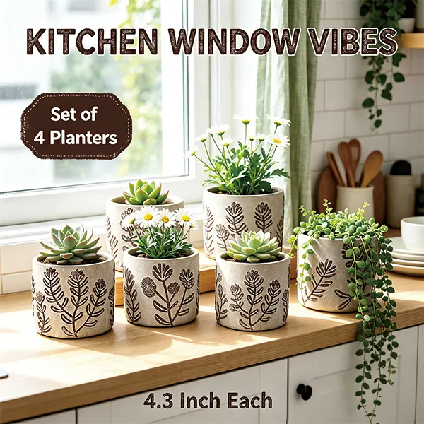 4-Piece Gray Sand & Cement Planters (4.3 in) with Brown Botanical Motifs - Rustic Succulent Pots for Indoor Farmhouse Living Room Entryway Decor (Garden Supplies, Home Improvement)
