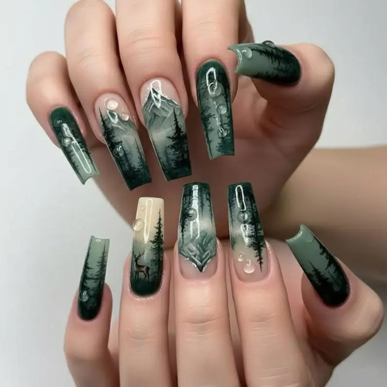 Dark Forest Mountain Press On Nails | Misty Pine Tree Deer Green Ombre 3D Water Drop Long Coffin Nails, Moody Nature Nail Art