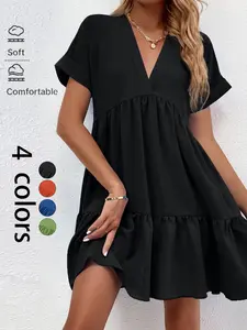 Women's Plain Short Sleeve V Neck Ruffle Hem Smock Dress, Black Tiered Mini Short Tunic Dresses for Outdoor Vacation Holiday, Ladies Casual Summer Clothes