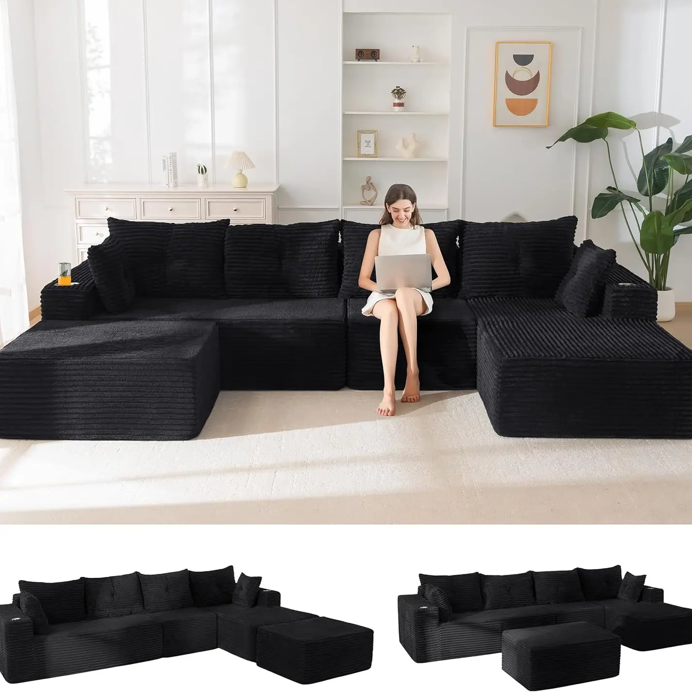 Black Large U Shape-Right Facing Chaise