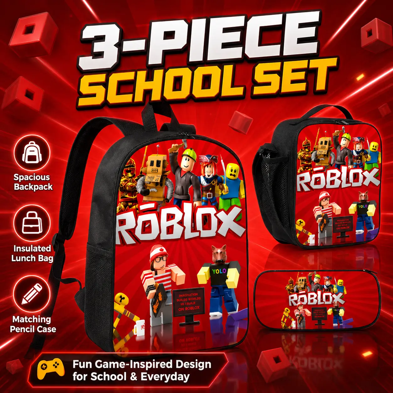 ROBLOX Red Block World Gaming Characters Graphic Print Backpack 3 PCS Set, Virtual Pixel Avatar Bookbag with Insulated Lunch Box and Pencil Case, Gamer Birthday Gift for Boys Kids