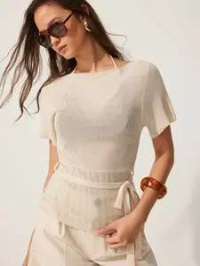Cider Knit Boat Neck Short Sleeve Top With Tie Waist