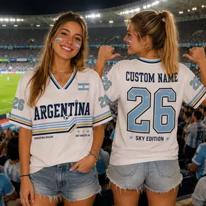 Personalized Argentina Soccer Jersey, Custom Name Number 26 Football Fan Shirt, White and Sky Blue V-Neck Athletic Apparel