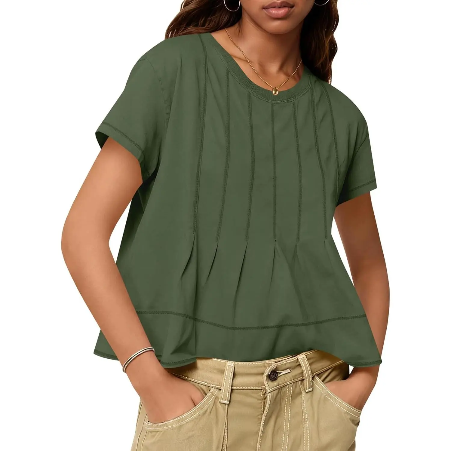 TANKANEO Women's Cotton Blend Babydoll T-Shirt, Casual Short Sleeve Cropped Peplum Top with Pleats, Lightweight and Flowy for Summer, Skinny, Day