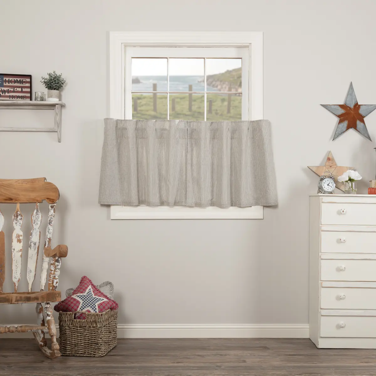 100% Cotton Seersucker Ticking Stripe Finished Curtains - 24" Length, Rustic Light Filtering, Fade Resistant, Blue and White Window Decor for Fresh Vibe, Tumble Dry Low, Finished Curtain