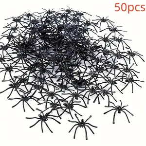50 Realistic Spooky Plastic Spiders, Perfect and Ideal for Haunted Houses & Halloween Parties, No Feather Prank Props, Halloween Decorations