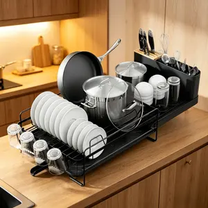 Adjustable Dish Drying Rack, Extendable Large Capacity Dish Drainer, Rustproof Stainless Steel Kitchen Countertop Dish Rack with Utensil Holder & Cup Holders, Black, 19.2"-26.7" L x 12.9" W