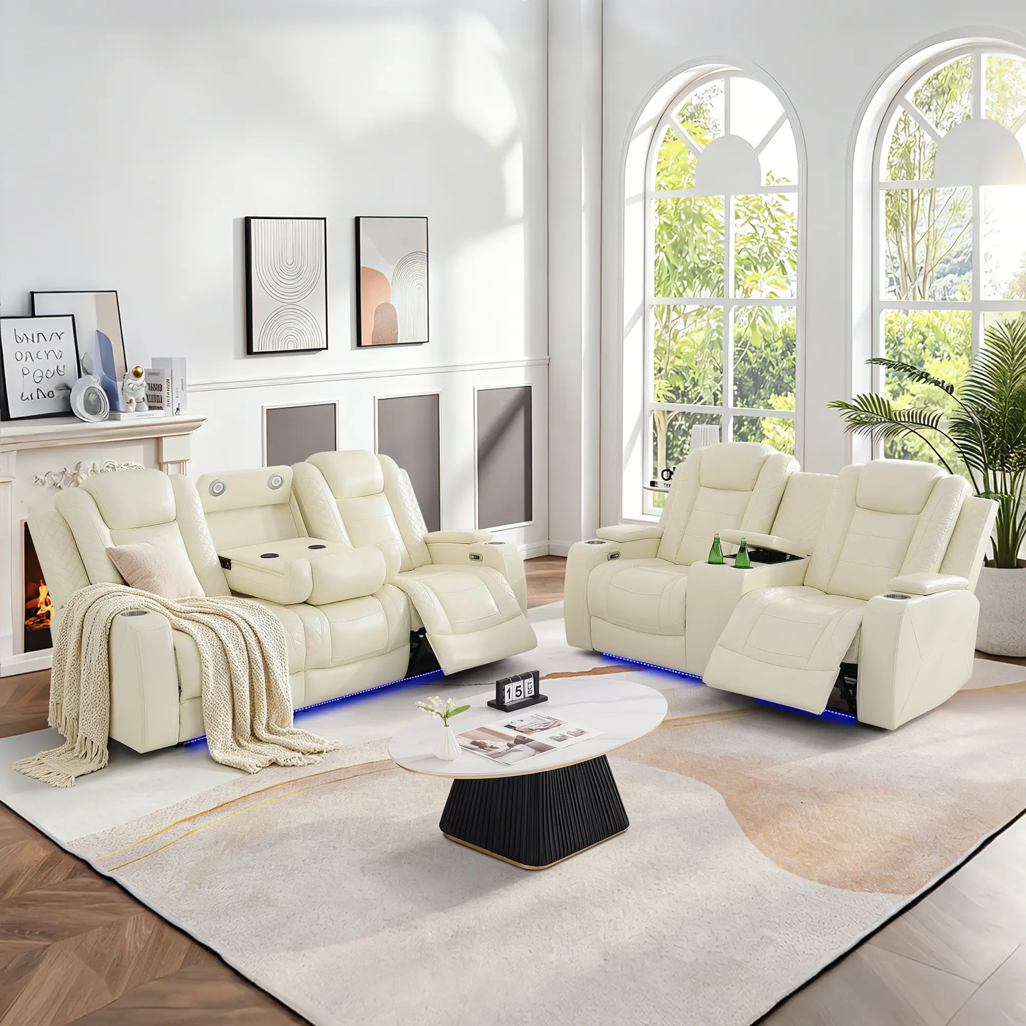 AINEHOME White Breathing Leather 3-Piece Living Room Recliner Sofa set