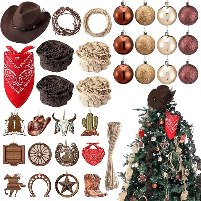 Western Cowboy Christmas Ornaments Set with Topper, Balls - Wooden Hanging Decor (Cowboy Hat, Boots, Horseshoe, Cactus, Sheriff Badge, Cow Print) for Xmas Tree, Rustic Farmhouse Festive Supplies, Party Decor Accessories, Country Lovers, Party Decoration S