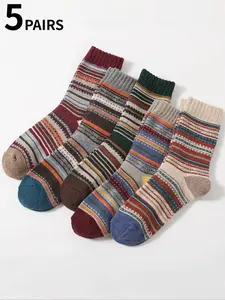 5 Pairs of Men's Vintage Multi-Color Mid-Calf Socks Thickened Warm Mid-Calf Socks with Patterns Men's Gift Fashionable Mid-Calf Socks Fall/Winter Style Sock Set