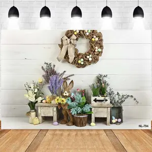 Photography Background Spring Easter Wreath Easter Bunny Flowers Small Tables Eggs Birthday Party Decor Backdrop Photo Studio