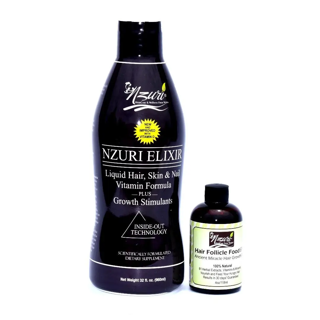 Nzuri Elixir - Liquid Hair Vitamin Plus Growth Stimulants with Vitamin  D - 32Oz+Nzuri Hair Follicle Food 61- Ancient Miracle Hair Growth Oil 4oz Combo Pack
