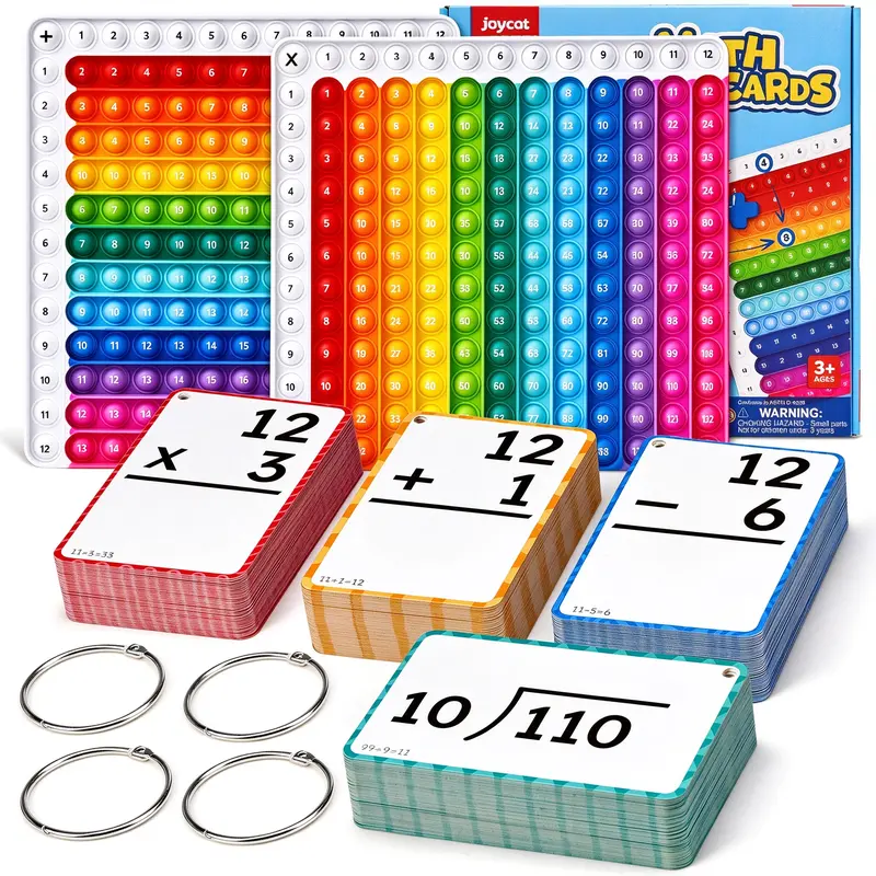 JoyCat Math Flash Cards & Double-Sided Board, Press-to-Play Board Fidget Set, Write-and-wipe Cards & Learning Chart, Math Learning Activities for Ages 4-8, 1-6 Grade Learning Materials (4 Operations: Addition, Subtraction, Multiplication, Division)
