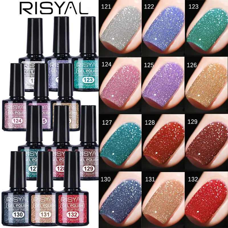 Reflective Gel Nail Polish Sparkly Glitter Shiny Gel Polish Set 12 Color Shimmer Diamond Soak Off UV LED Manicure Kit Flash Nail Art Salon 7.3ml Poly Nail Gel Top Gel