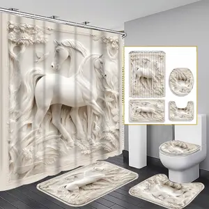 1/3/4PCS Classical Horses Shower Curtain set, White Sculptural Horses Bathroom Decor, Accessories with Bath Mat, U-shaped Mat, Toilet Lid Cover, 12 Hooks 180x180cm Curtain, Artistic Grace, Home Decor, bathroom accessories.