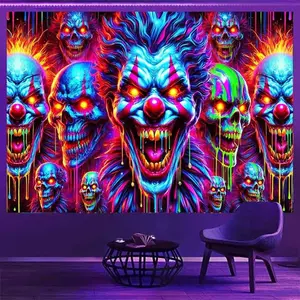 1pc 2D Flat UV Reactive Glow-in-the-Dark Horror Clown Tapestry - 5-Style Neon Glow Wall Hanging with Black Light, Multicolor Glow Effects for Bedroom, Party & Bachelor Decor - UV Triggered fo Halloween Decoration White