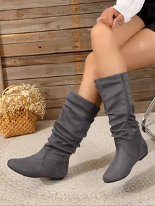 Women's Stylish Plain Boots, Elegant Boots, Side Zip Casual Flat Mid-Calf Boots, Minimalist Round Toe Designer Footwear for Everyday Comfort