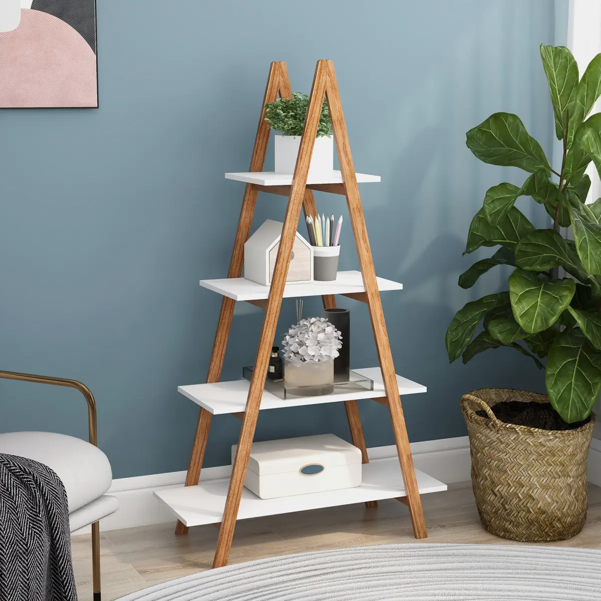 A-Frame Bamboo Ladder Bookshelf - Durable E1 MDF & Stable Solid Bamboo Construction, UV Paint Finish, 40 lb Capacity Oxford Fabric Display Shelf, Self-Assembled Simple Storage for Living Room, Home Office
