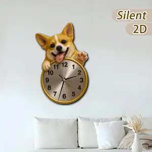 Wooden Creative Irregular Cut Clock, Silent Wall Clock with Cute Corgi Dog, Battery Driven, Perfect for Bedroom, Living Room, Home Decor Gift